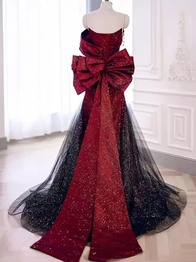 Red Tulle Off the Shoulder Bow Prom Dresses