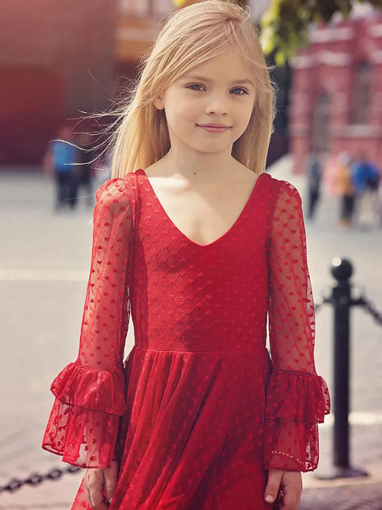 Red V-Neck Long Sleeves Lace Polyester Formal Kids Pageant flower girl dresses