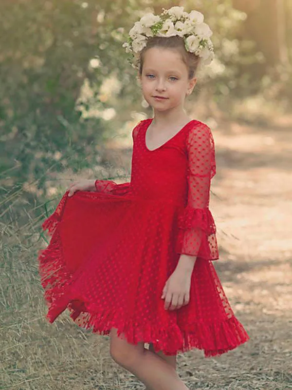Red V-Neck Long Sleeves Lace Polyester Formal Kids Pageant flower girl dresses