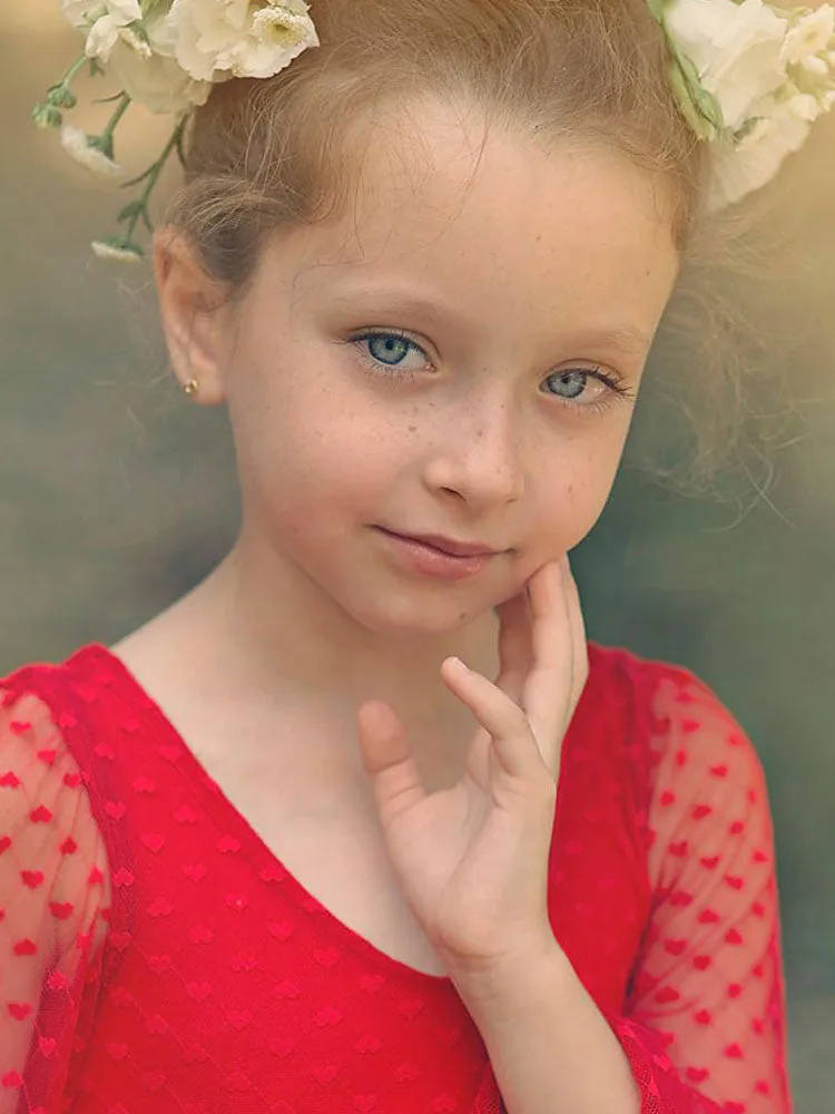 Red V-Neck Long Sleeves Lace Polyester Formal Kids Pageant flower girl dresses