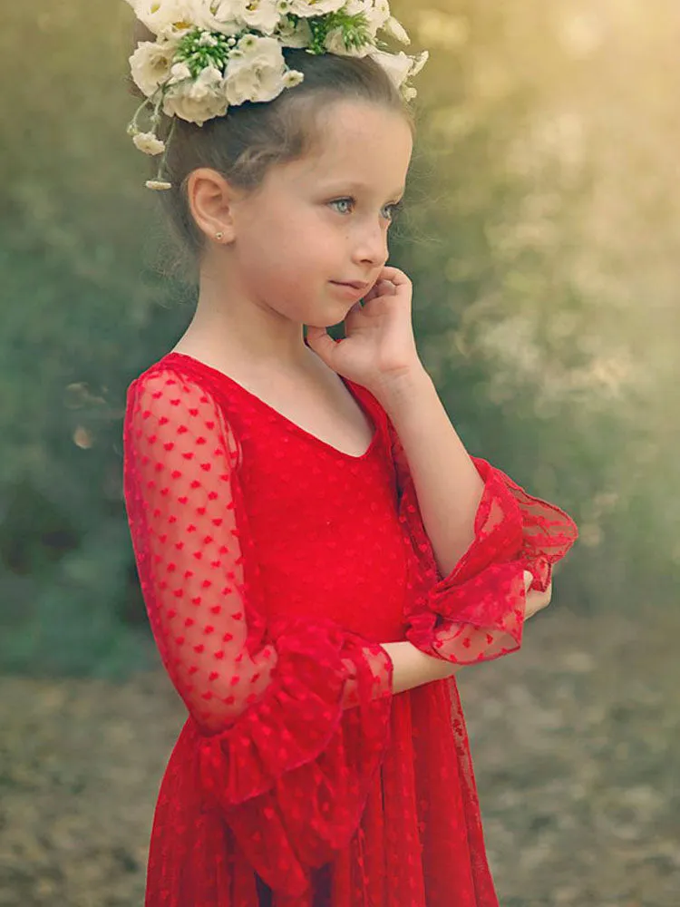 Red V-Neck Long Sleeves Lace Polyester Formal Kids Pageant flower girl dresses