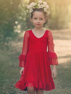Red V-Neck Long Sleeves Lace Polyester Formal Kids Pageant flower girl dresses