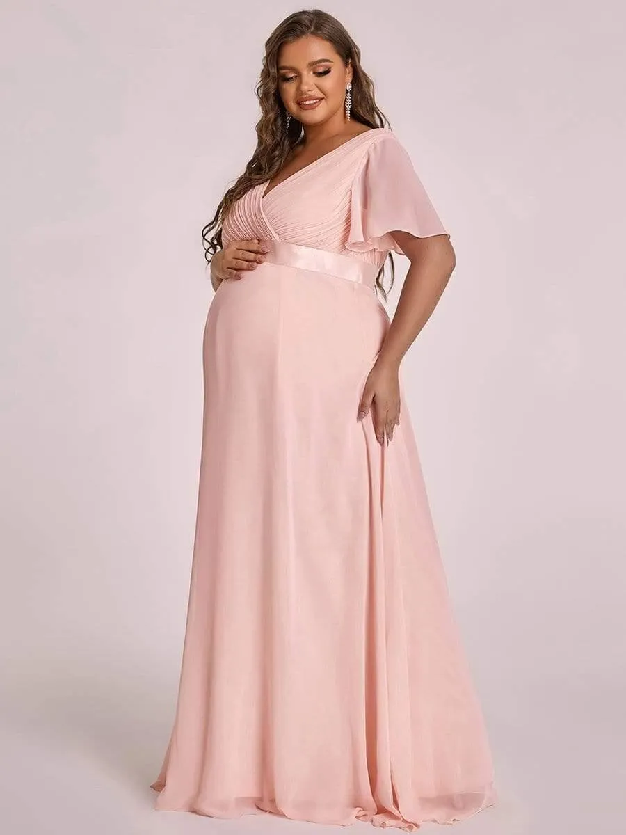 Robe de maternité plissée de grande taille avec manches à volants et col en V(Vente finale)