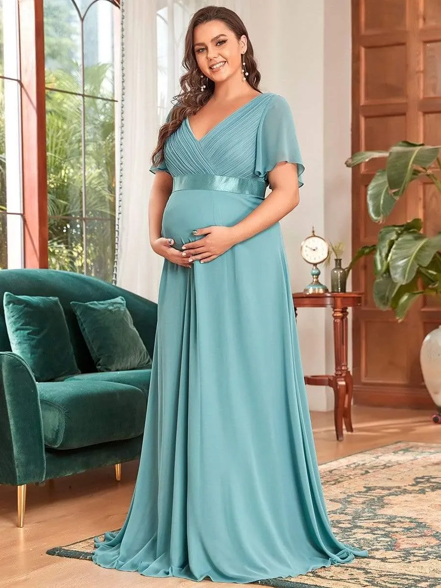 Robe de maternité plissée de grande taille avec manches à volants et col en V(Vente finale)