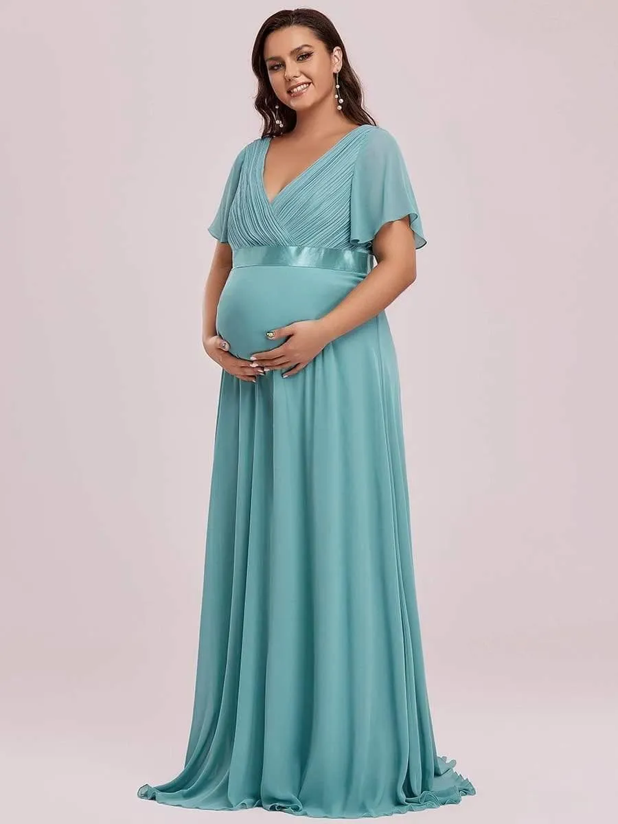 Robe de maternité plissée de grande taille avec manches à volants et col en V(Vente finale)