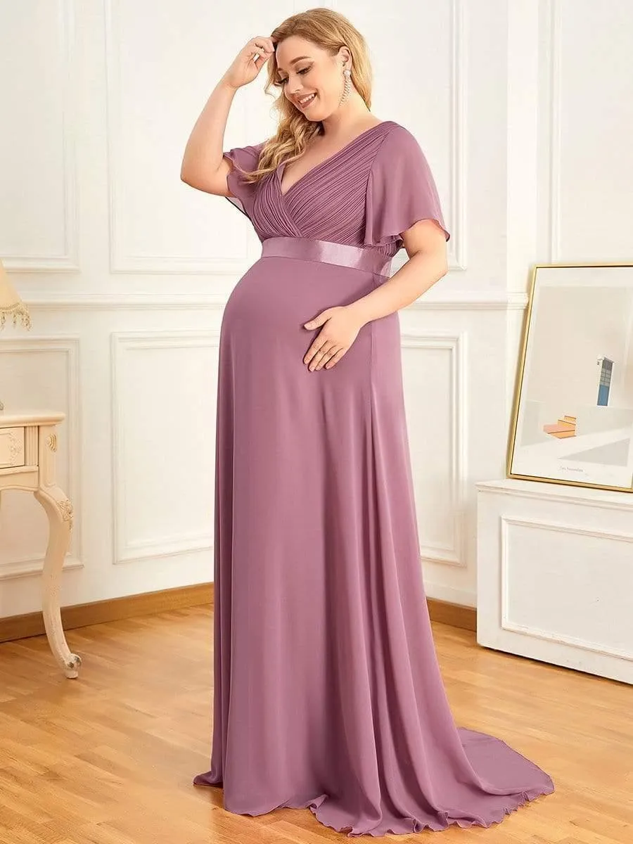 Robe de maternité plissée de grande taille avec manches à volants et col en V(Vente finale)