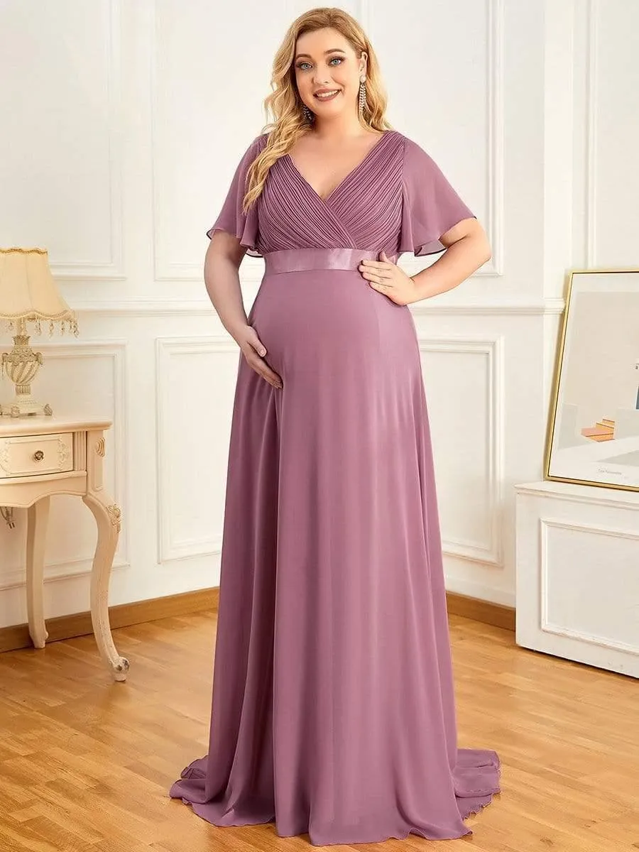 Robe de maternité plissée de grande taille avec manches à volants et col en V(Vente finale)