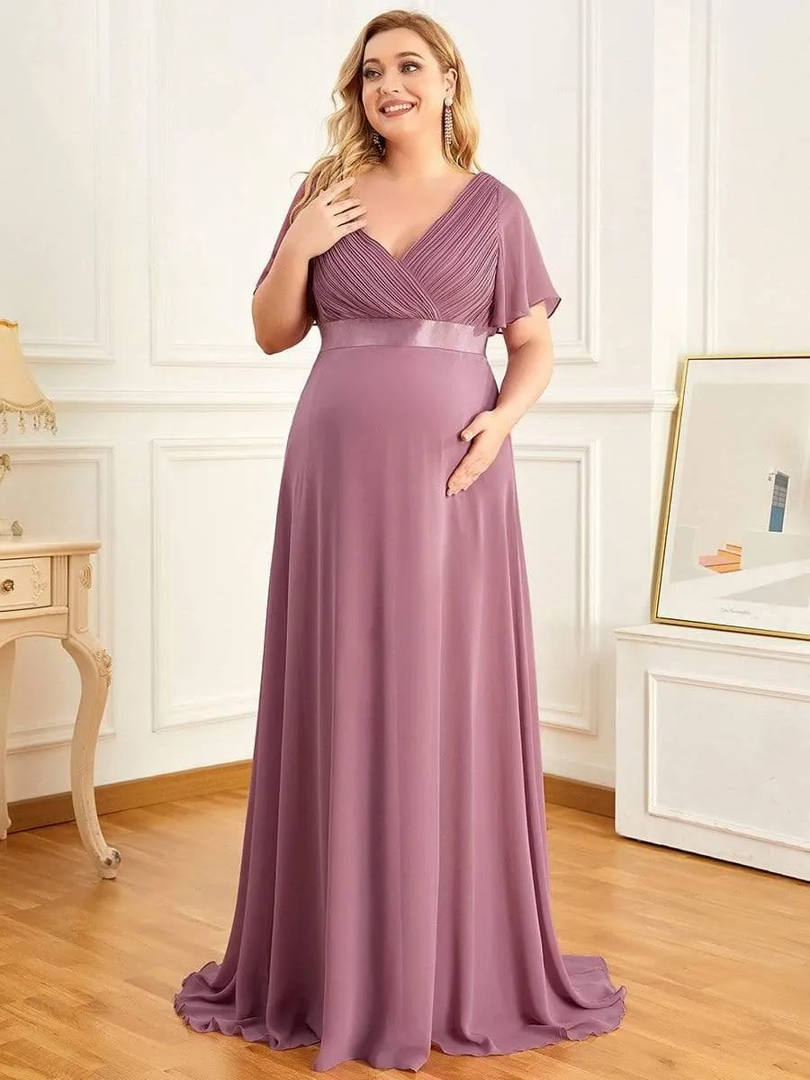 Robe de maternité plissée de grande taille avec manches à volants et col en V(Vente finale)
