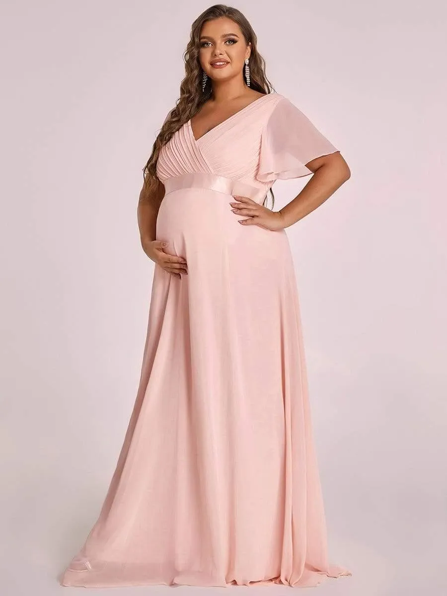 Robe de maternité plissée de grande taille avec manches à volants et col en V(Vente finale)