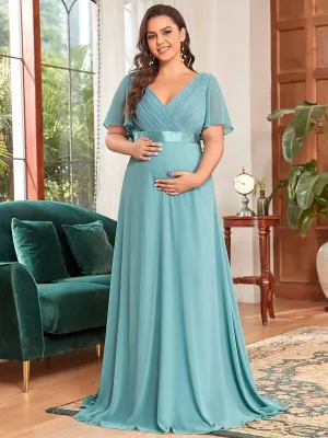 Robe de maternité plissée de grande taille avec manches à volants et col en V(Vente finale)
