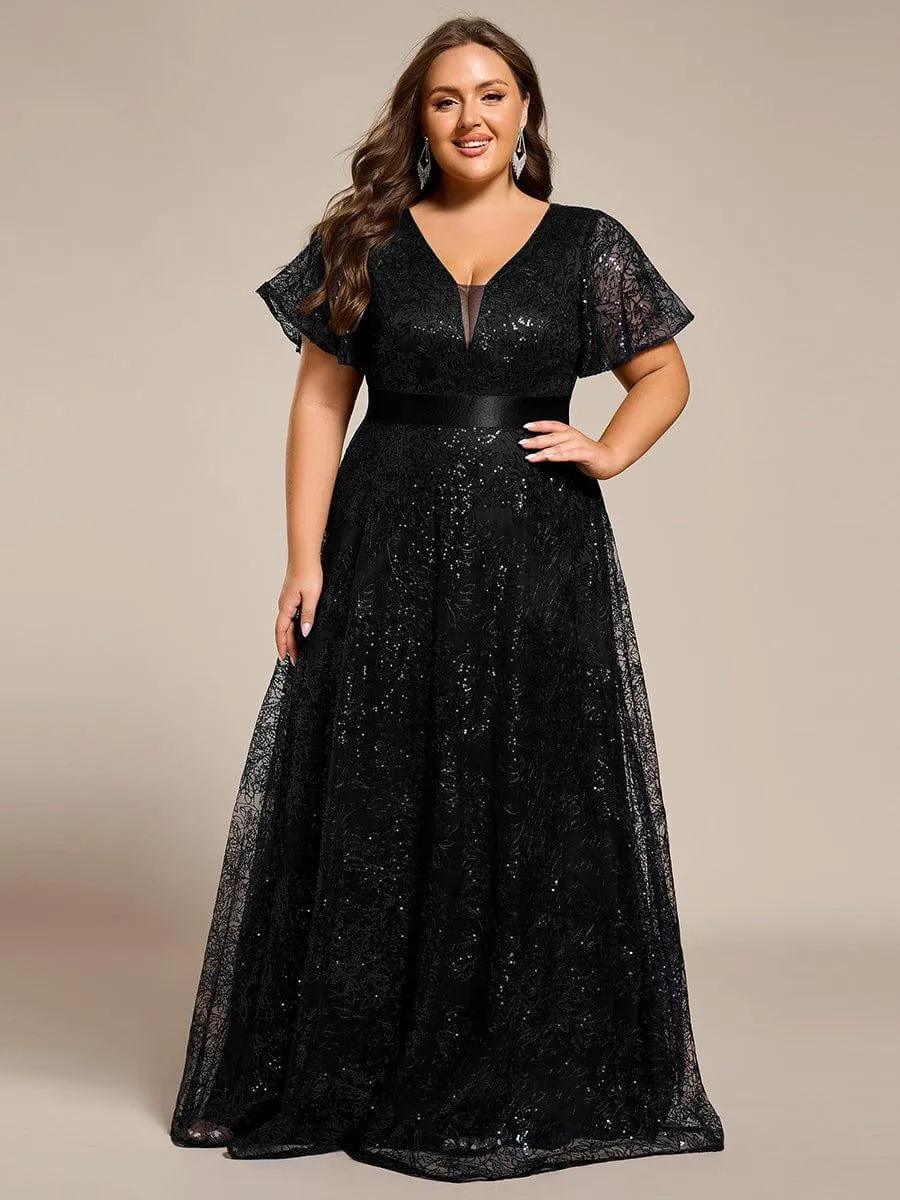 Robe de soirée longue à paillettes et manches courtes grande taille