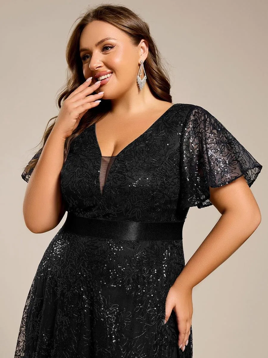 Robe de soirée longue à paillettes et manches courtes grande taille