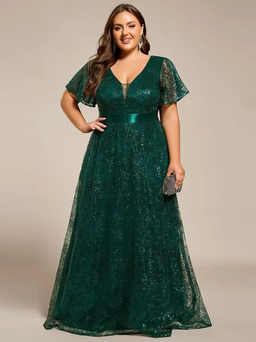Robe de soirée longue à paillettes et manches courtes grande taille