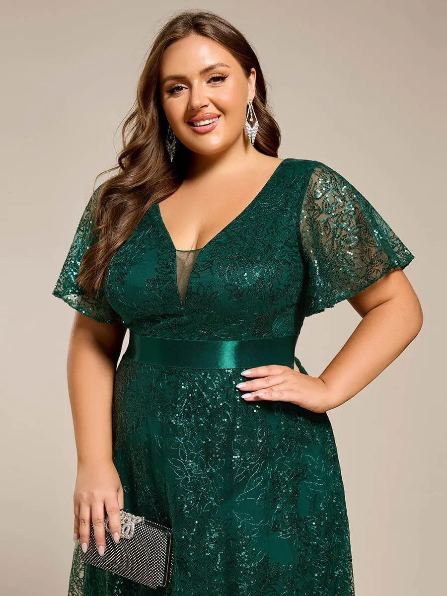 Robe de soirée longue à paillettes et manches courtes grande taille