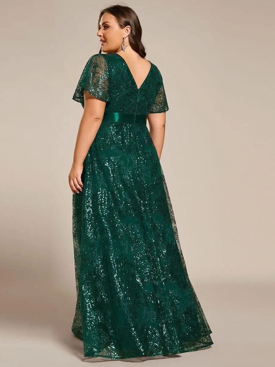 Robe de soirée longue à paillettes et manches courtes grande taille