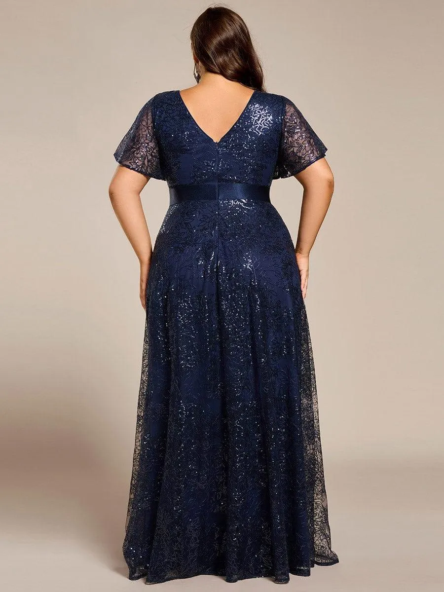 Robe de soirée longue à paillettes et manches courtes grande taille