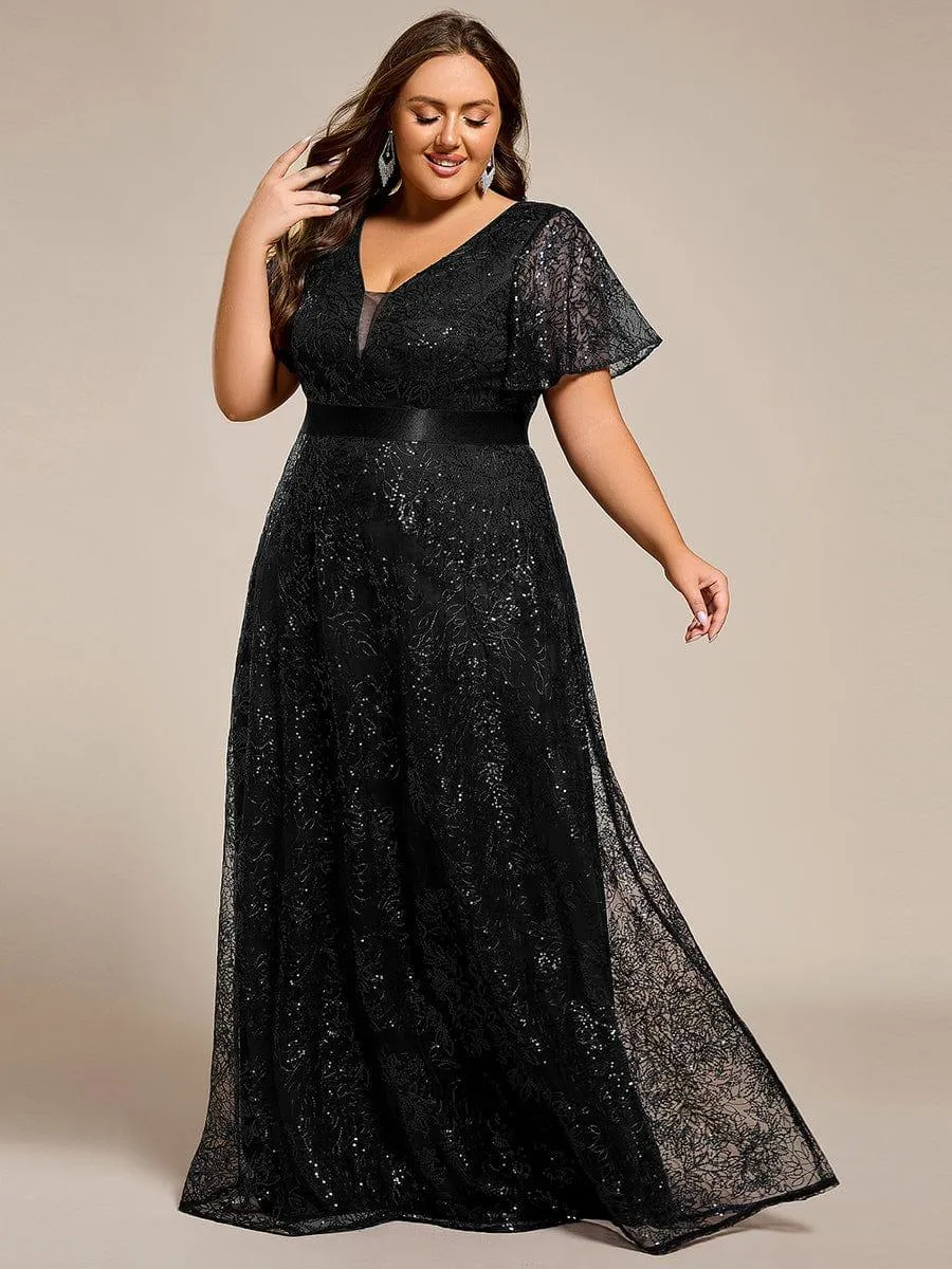 Robe de soirée longue à paillettes et manches courtes grande taille