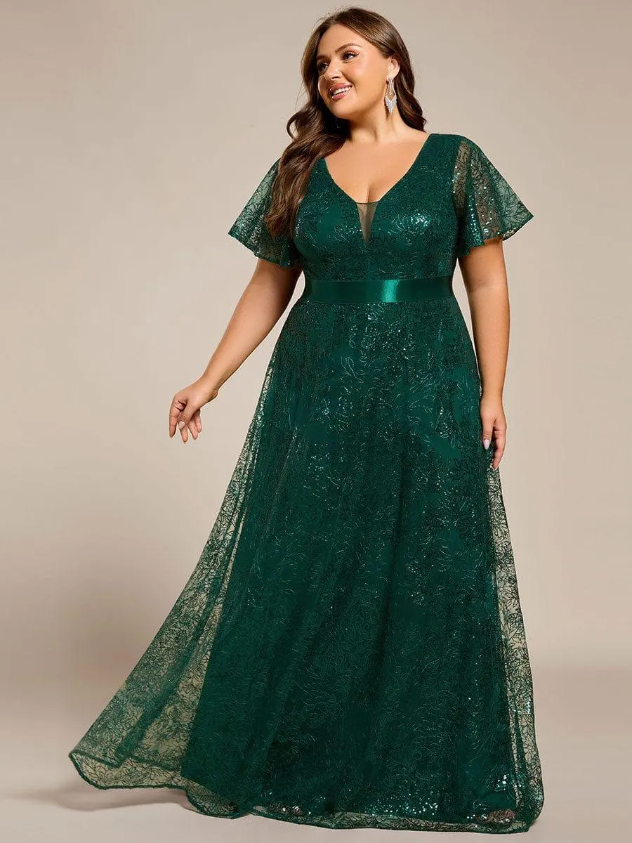 Robe de soirée longue à paillettes et manches courtes grande taille