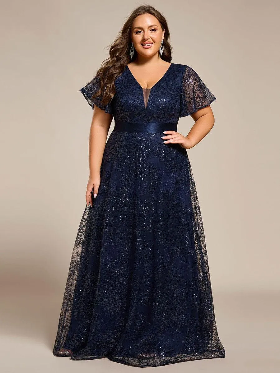 Robe de soirée longue à paillettes et manches courtes grande taille