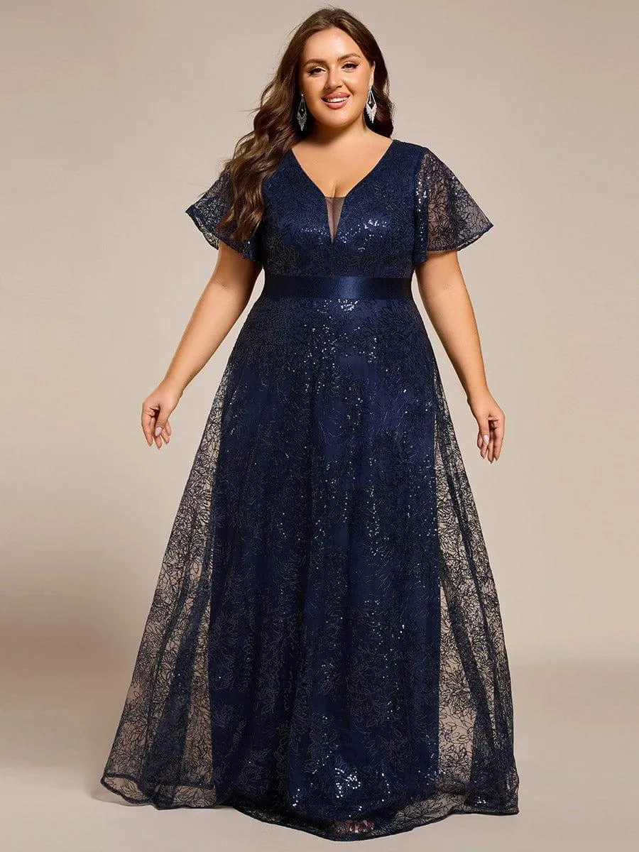 Robe de soirée longue à paillettes et manches courtes grande taille