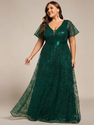 Robe de soirée longue à paillettes et manches courtes grande taille