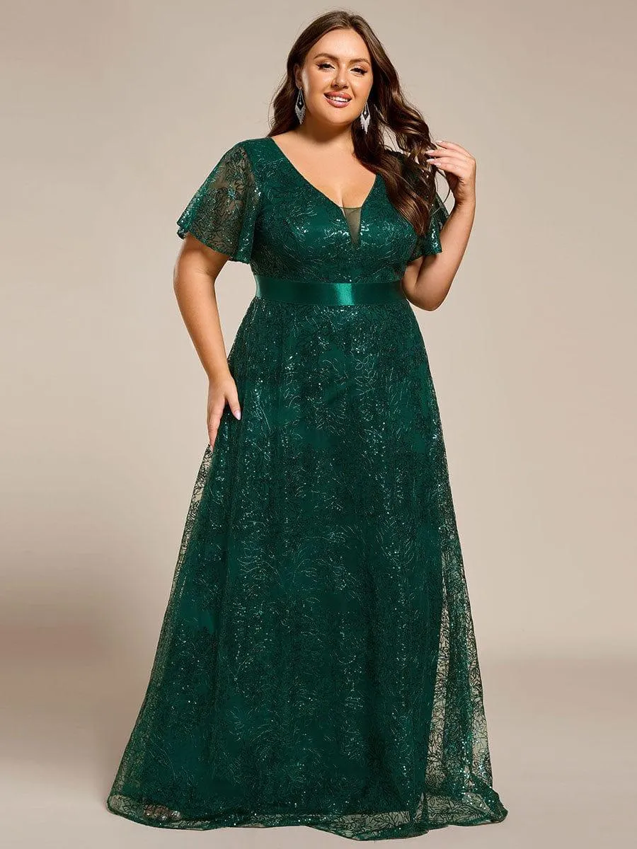 Robe de soirée longue à paillettes et manches courtes grande taille