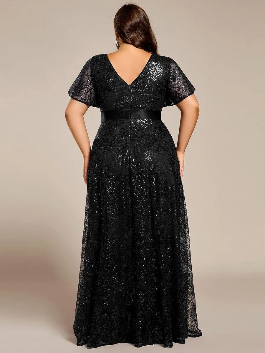 Robe de soirée longue à paillettes et manches courtes grande taille