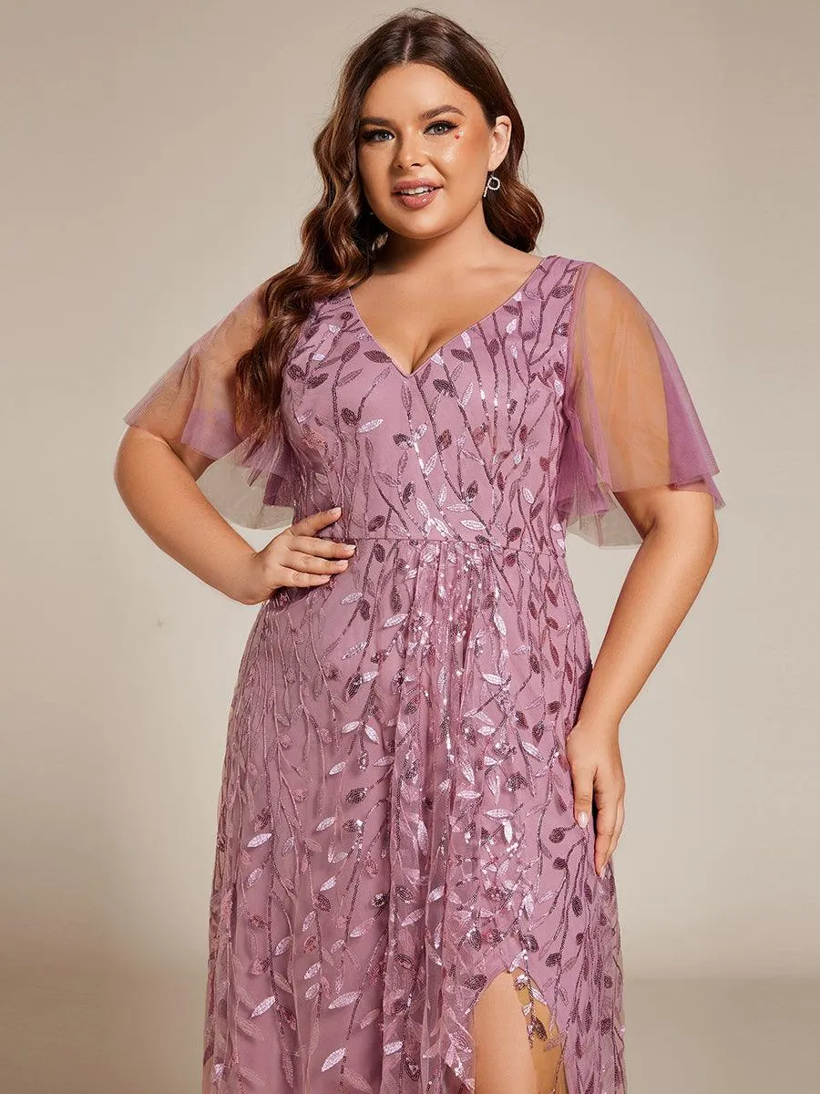 Robes de soirée pailletées à fente haute et col en V de grande taille