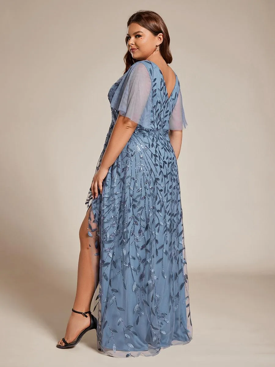Robes de soirée pailletées à fente haute et col en V de grande taille