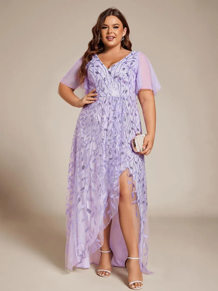 Robes de soirée pailletées à fente haute et col en V de grande taille