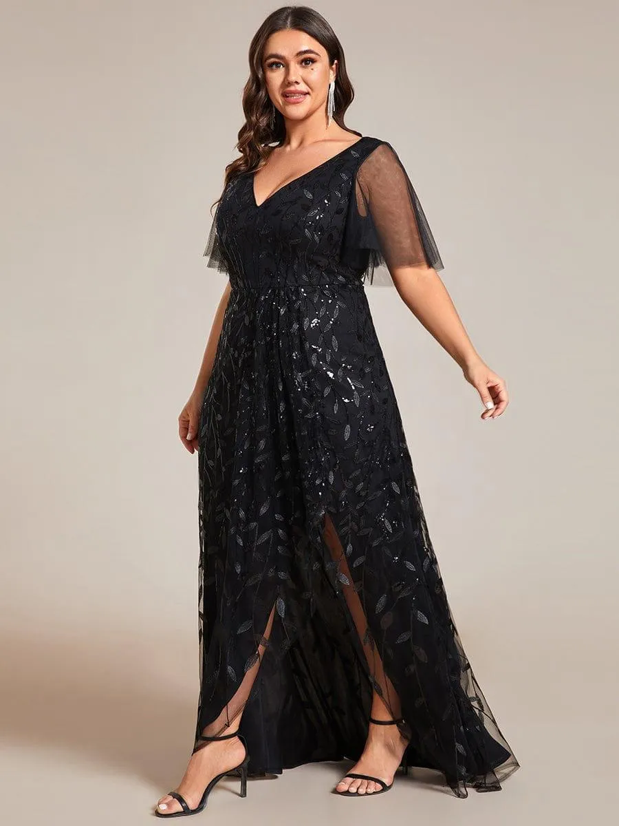 Robes de soirée pailletées à fente haute et col en V de grande taille