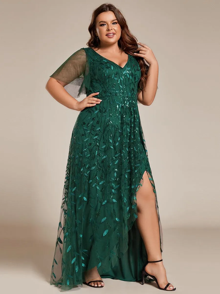 Robes de soirée pailletées à fente haute et col en V de grande taille