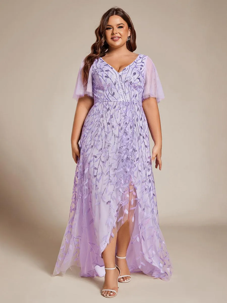 Robes de soirée pailletées à fente haute et col en V de grande taille