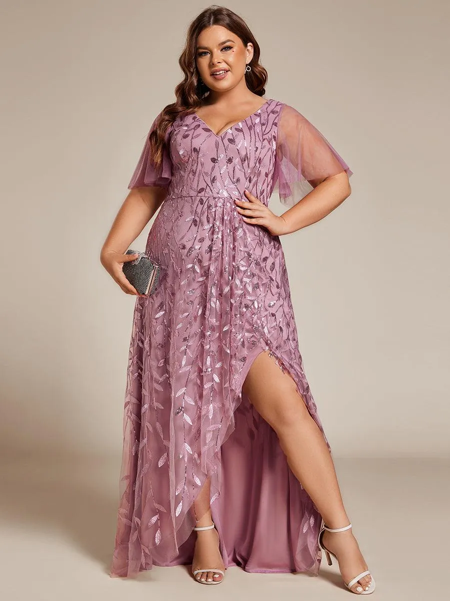 Robes de soirée pailletées à fente haute et col en V de grande taille