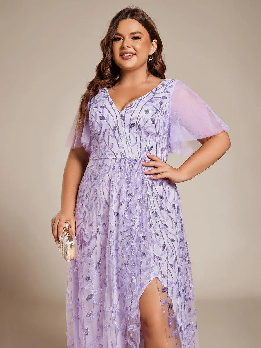 Robes de soirée pailletées à fente haute et col en V de grande taille