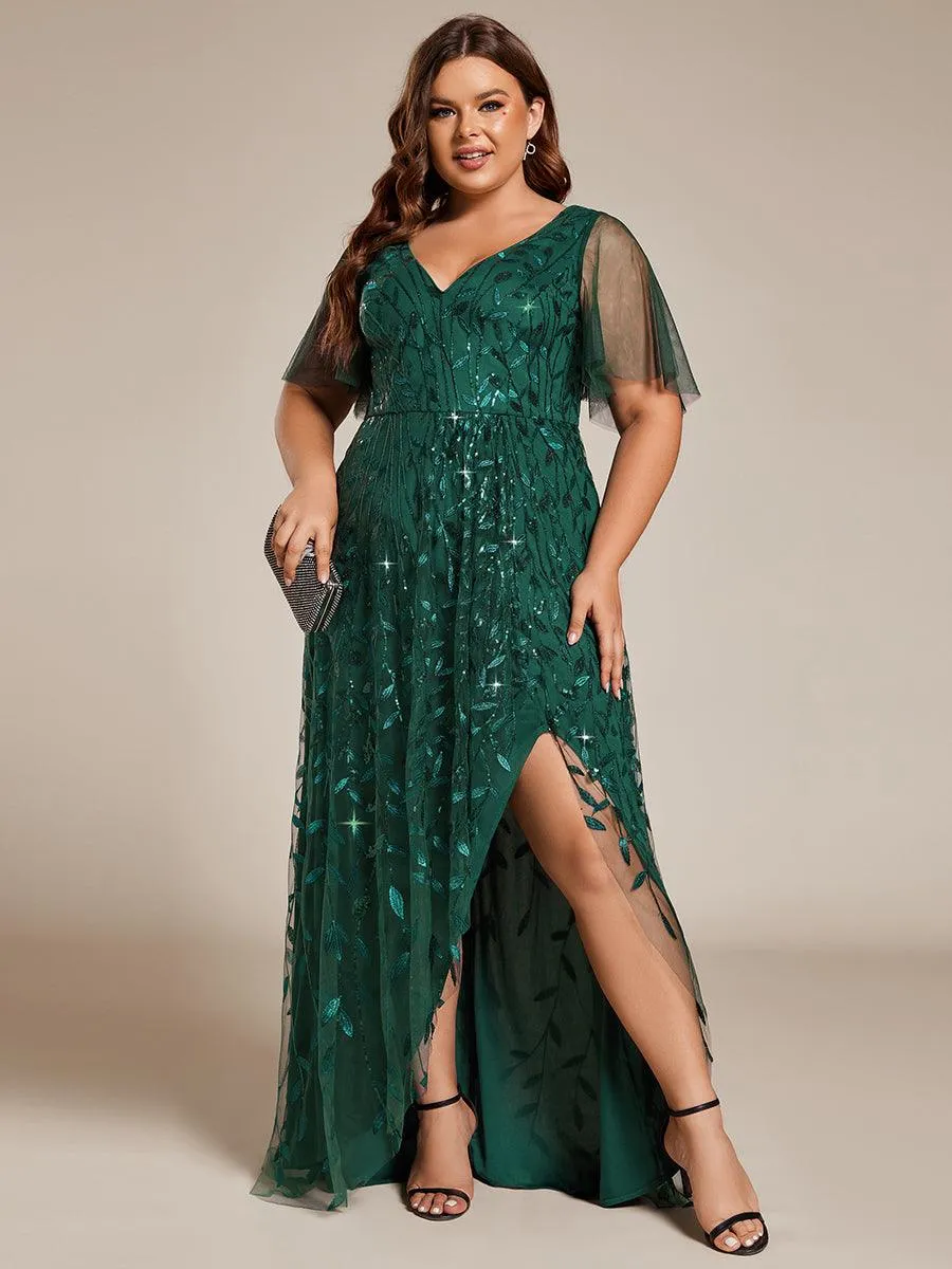 Robes de soirée pailletées à fente haute et col en V de grande taille