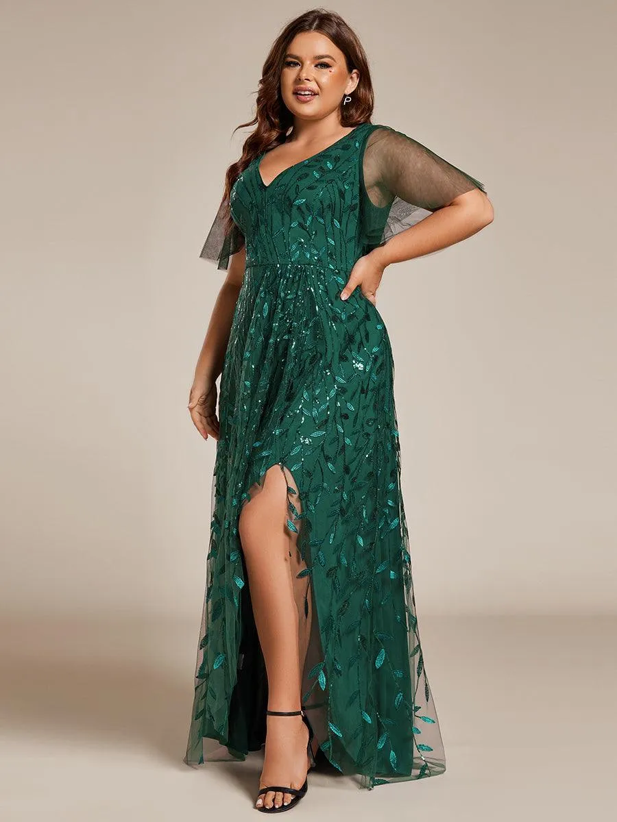 Robes de soirée pailletées à fente haute et col en V de grande taille