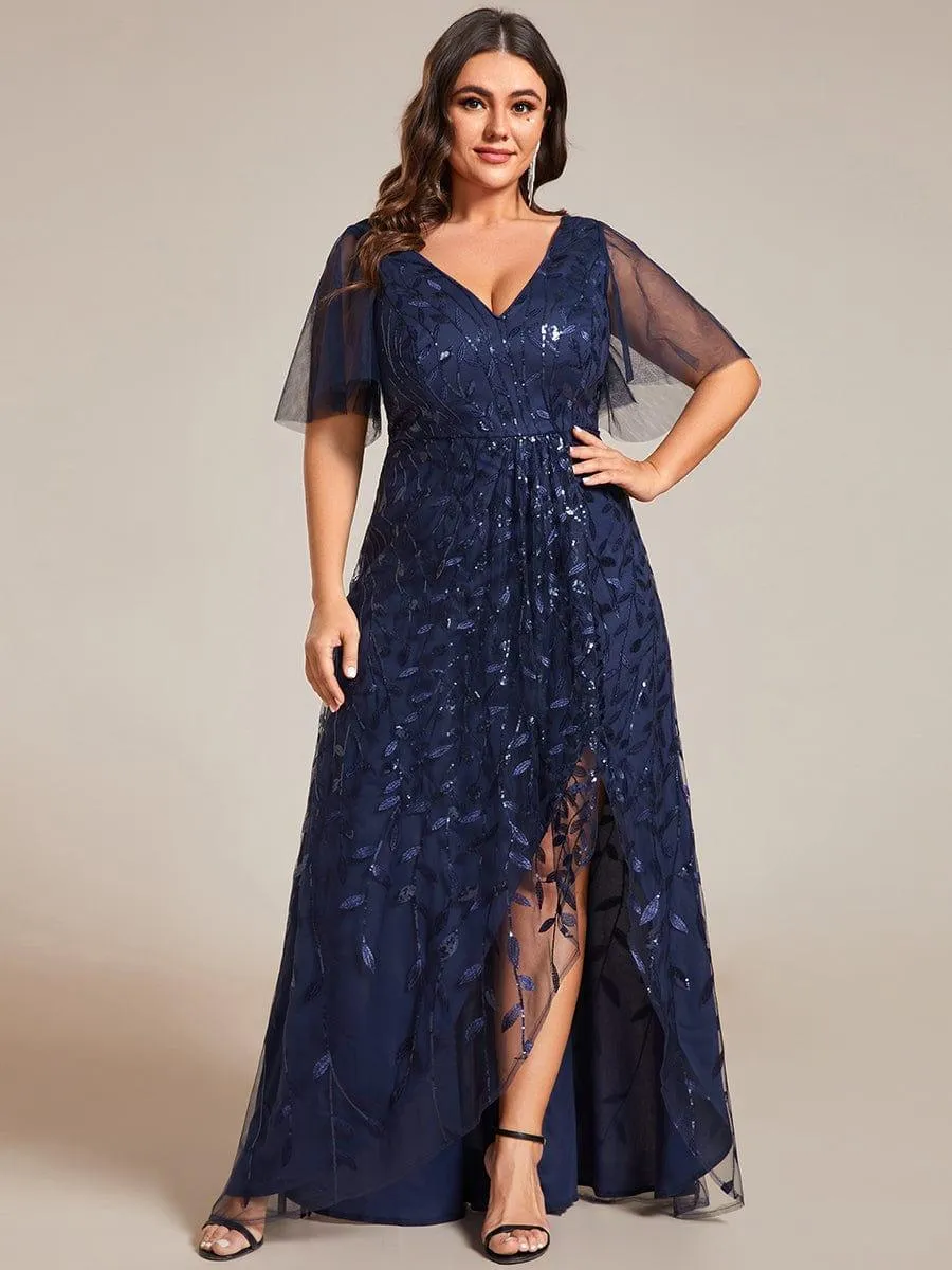 Robes de soirée pailletées à fente haute et col en V de grande taille