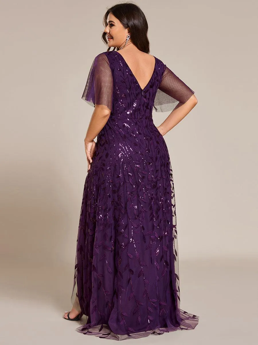 Robes de soirée pailletées à fente haute et col en V de grande taille