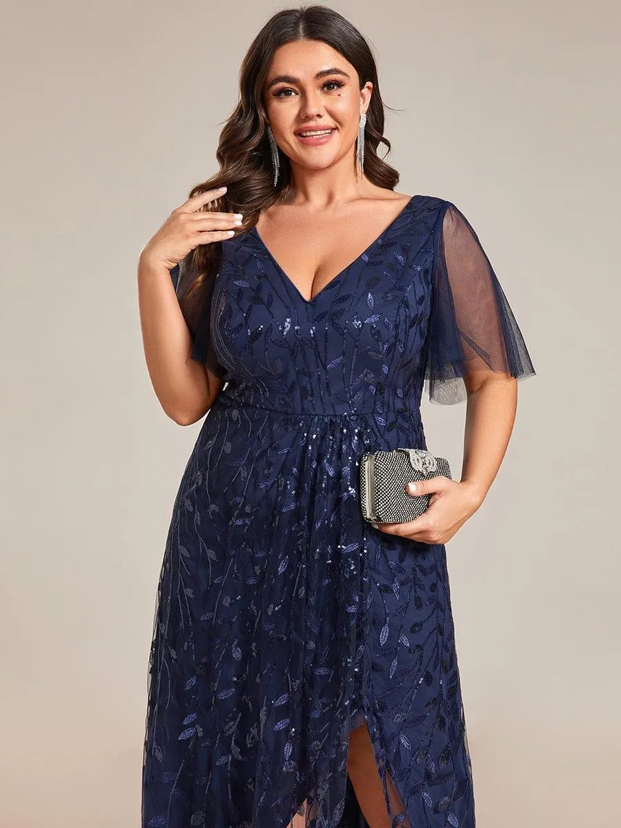 Robes de soirée pailletées à fente haute et col en V de grande taille