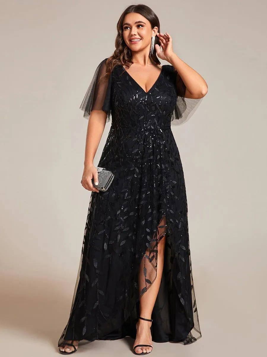 Robes de soirée pailletées à fente haute et col en V de grande taille