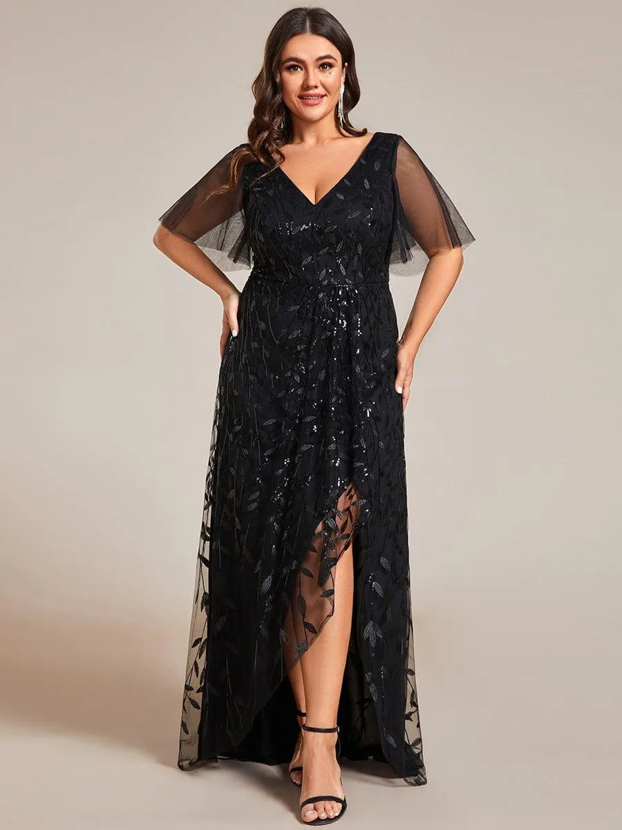 Robes de soirée pailletées à fente haute et col en V de grande taille