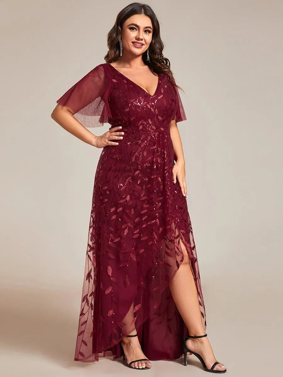 Robes de soirée pailletées à fente haute et col en V de grande taille