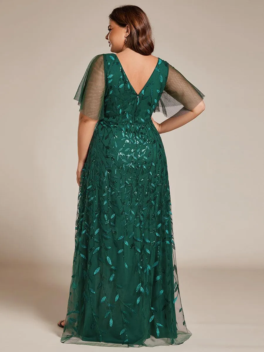 Robes de soirée pailletées à fente haute et col en V de grande taille