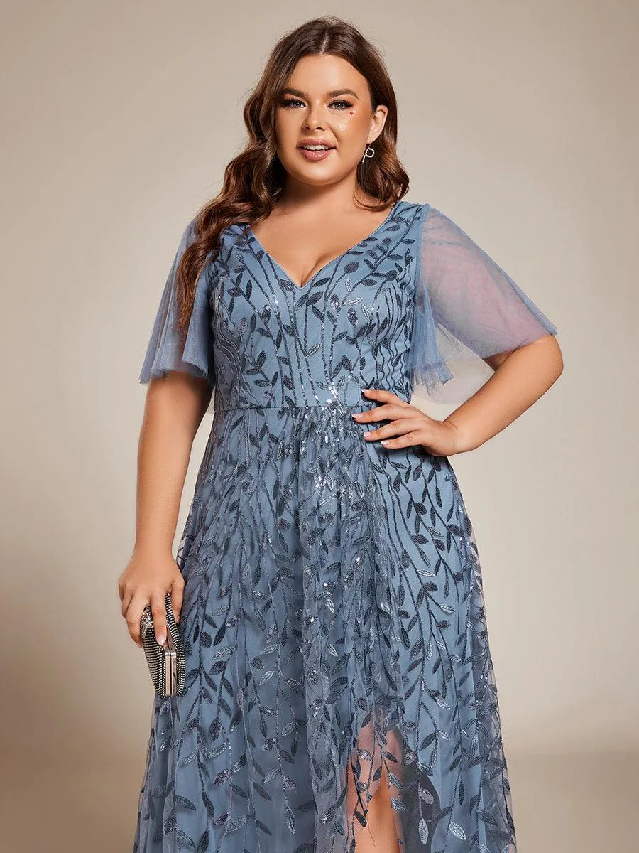 Robes de soirée pailletées à fente haute et col en V de grande taille