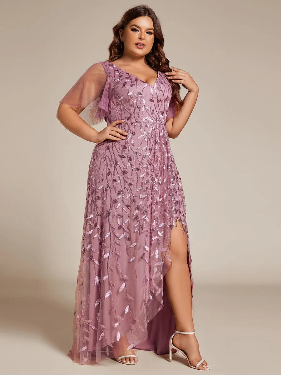 Robes de soirée pailletées à fente haute et col en V de grande taille