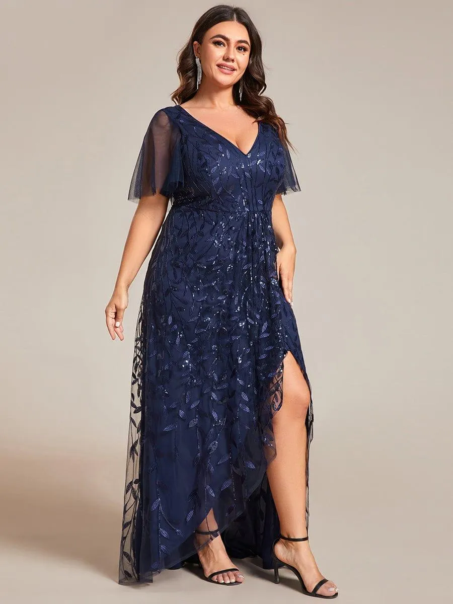 Robes de soirée pailletées à fente haute et col en V de grande taille