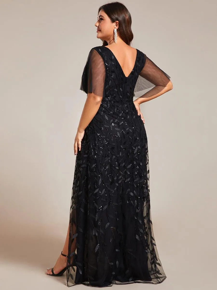 Robes de soirée pailletées à fente haute et col en V de grande taille