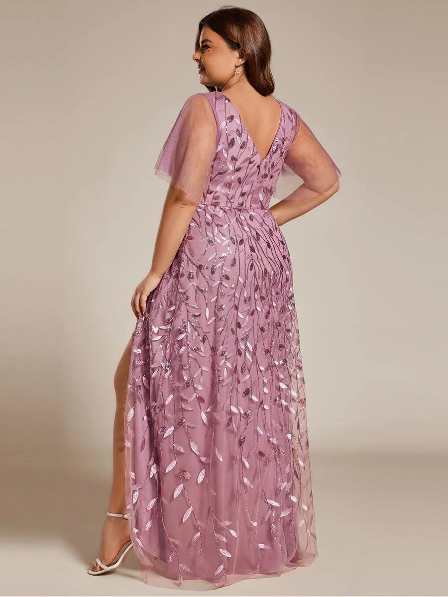 Robes de soirée pailletées à fente haute et col en V de grande taille