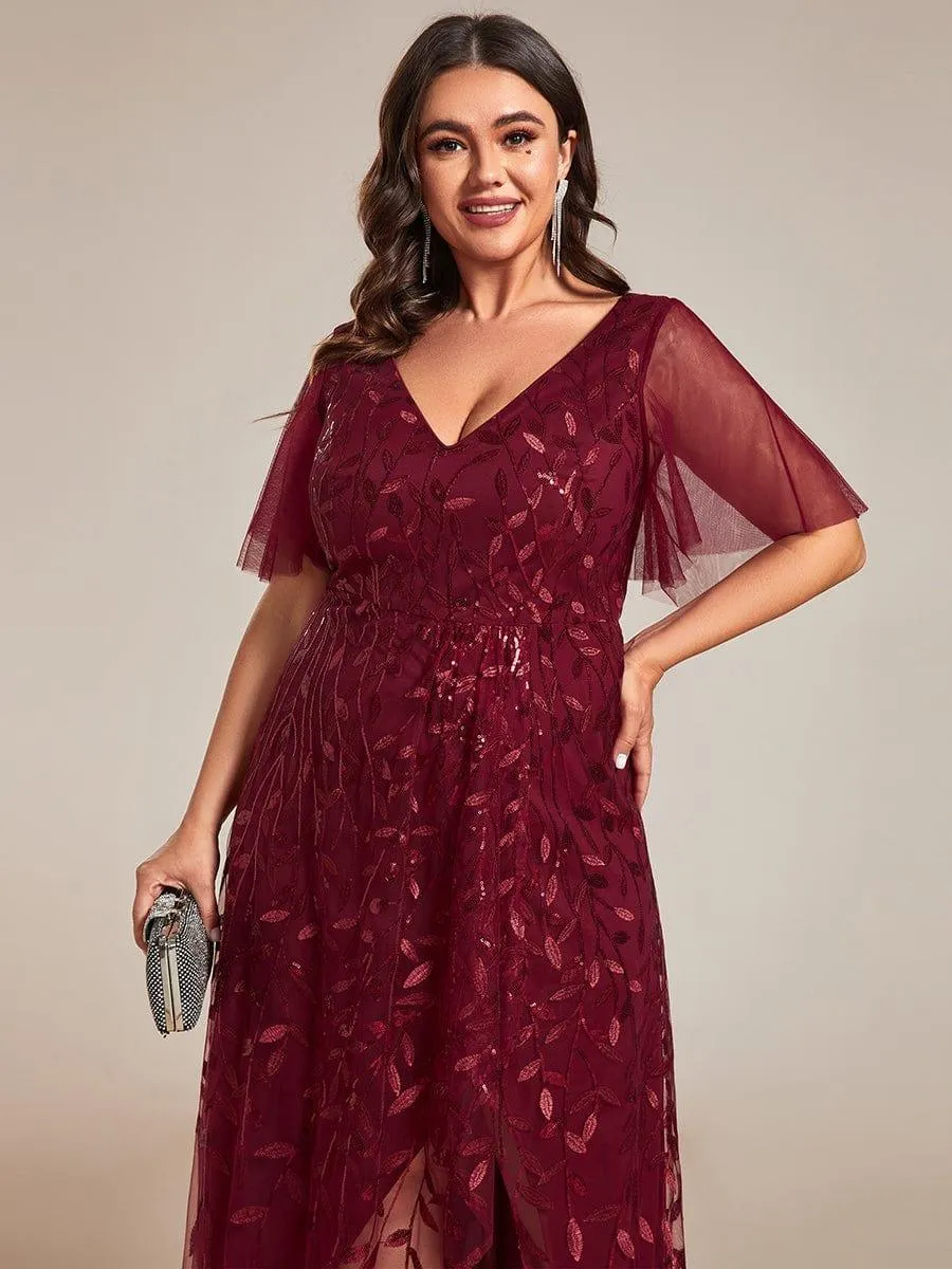 Robes de soirée pailletées à fente haute et col en V de grande taille